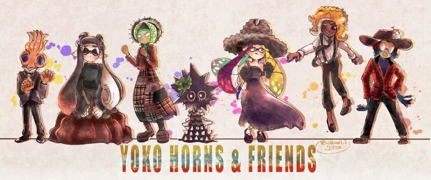 1boy, 6+girls, oonie_(splatoon), aqua_hair, bare_shoulders, black_dress, black_footwear, black_hair