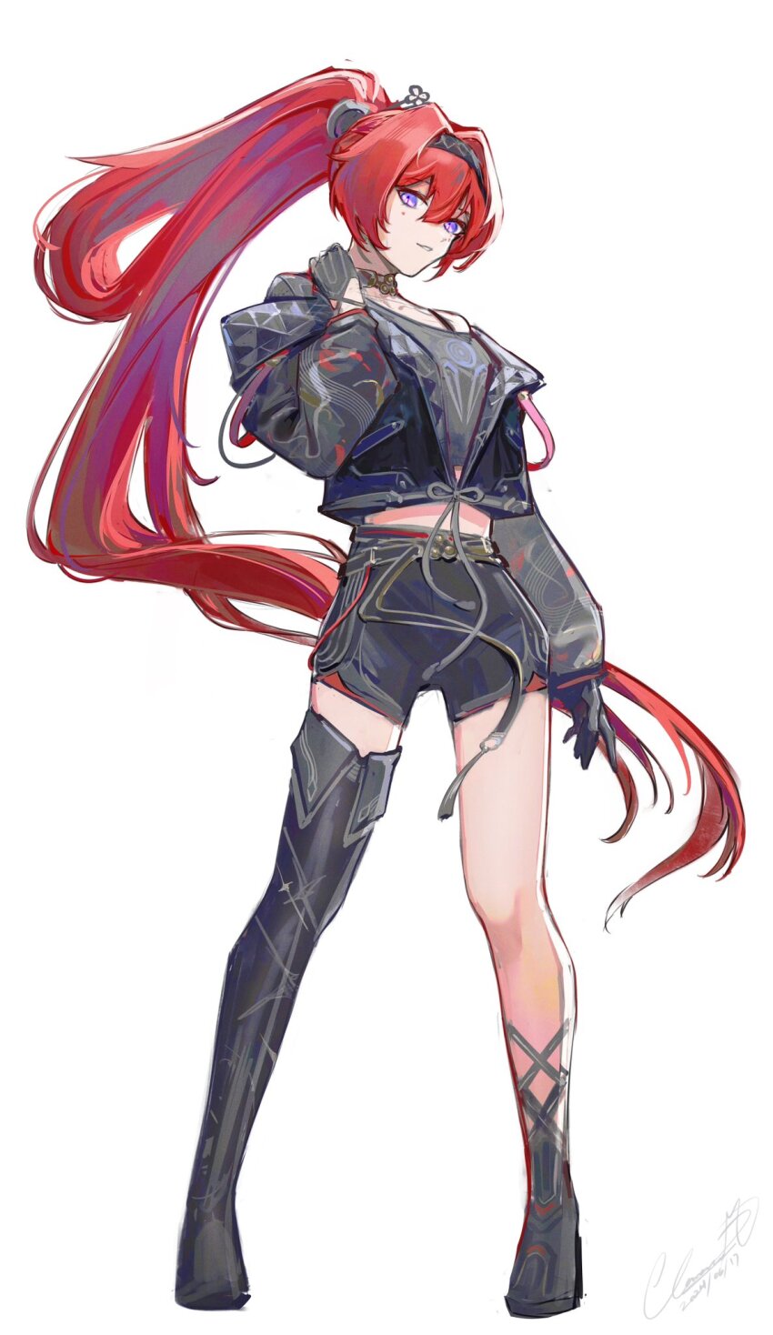 1girl, alternate_costume, asymmetrical_legwear, black_gloves, black_hairband, black_jacket, black_shorts, boots