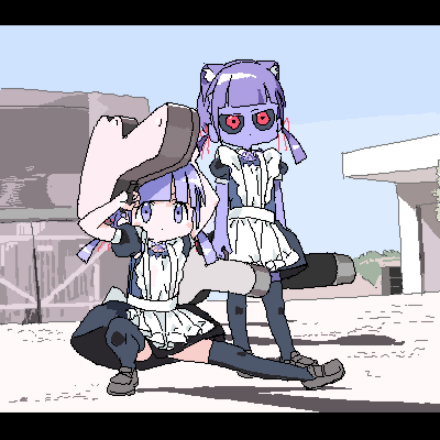 2girls, apron, black_dress, black_sclera, black_thighhighs, blunt_bangs, colored_sclera, colored_skin