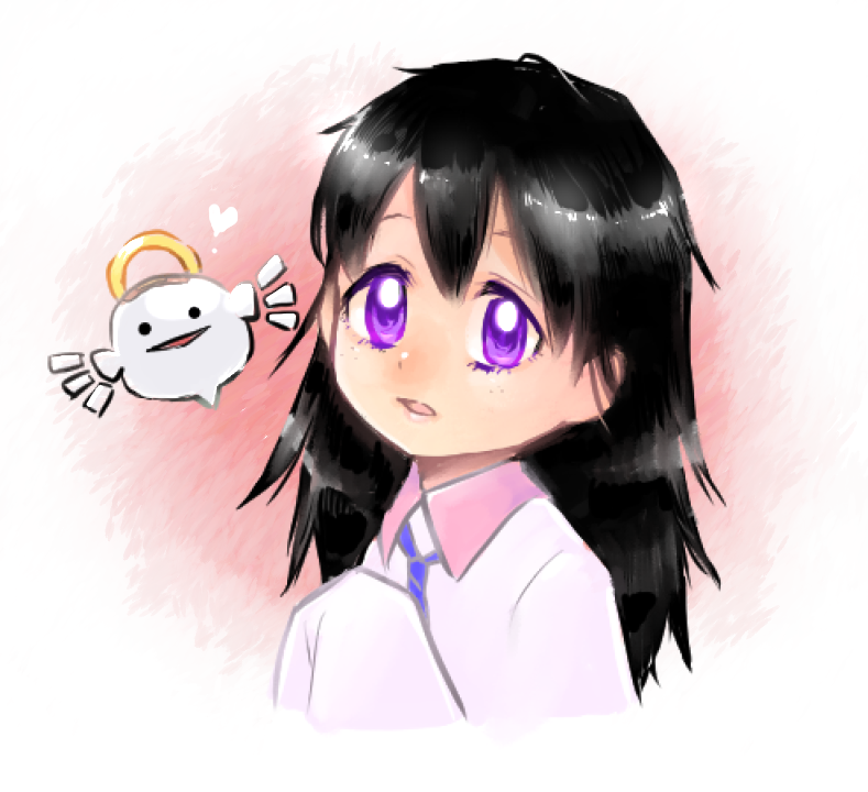 1girl, alternate_hairstyle, bandaid, black_hair, freckles, hair_down, halo, heart