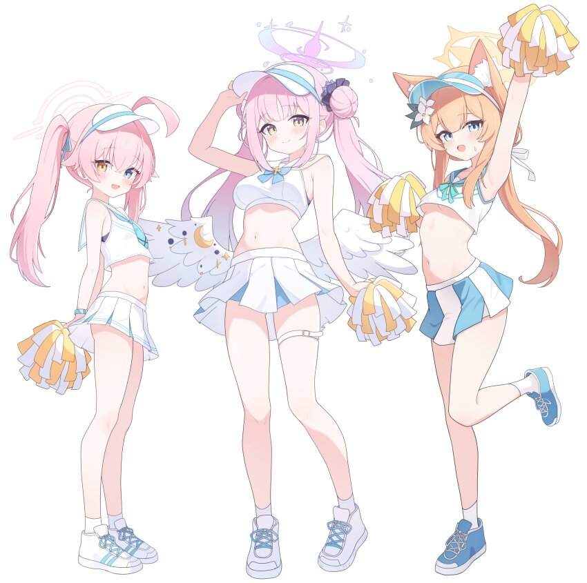 3girls, absurdres, ahoge, alternate_hairstyle, angel_wings, animal_ear_fluff, animal_ears, arm_up
