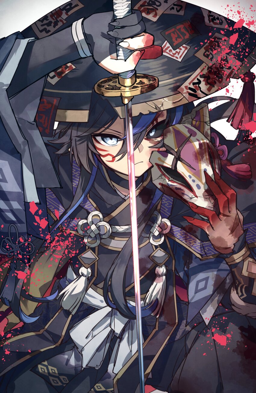 1boy, absurdres, asa_no_ha_(pattern), black_sclera, blood, colored_sclera, facial_mark, fox_mask, hair_between_eyes, hat, highres, japanese_clothes, jingasa, katana, kurotobi_(p&amp;d), kuuron_(moesann17), mask, mismatched_sclera, puzzle_&amp;_dragons, samurai, sayagata, solo, sword, tassel, weapon