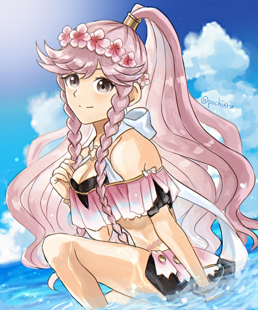 1girl, bare_shoulders, bikini, braid, breasts, brown_eyes, cleavage, closed_mouth