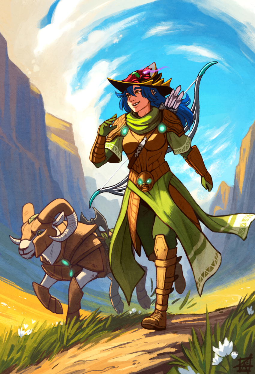 1girl, absurdres, armor, armored_animal, armored_boots, arrow_(projectile), axe, battle_axe, blue_hair, boots, bow_(weapon), breasts, cloud, cloudy_sky, commentary, commission, dang_(runescape), dirt_road, duellist's_cap_(tier_6), english_commentary, fire, flower, full_body, gloves, glowing_armor, glowing_hat, grass, hat, helmet, highres, horns, kerri_aitken, leather_armor, long_hair, medium_breasts, mountain, mountainous_horizon, original, plate_armor, purple_fire, quiver, ram_(animal), ranger, road, runescape, sheep_horns, sky, smile, spiked_ear_piercing, thick_eyebrows, walking, weapon, yellow_eyes