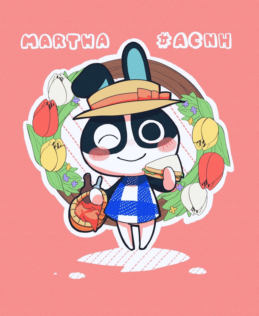1girl, animal_crossing, basket, blue_dress, blush_stickers, bottle, character_name, closed_mouth