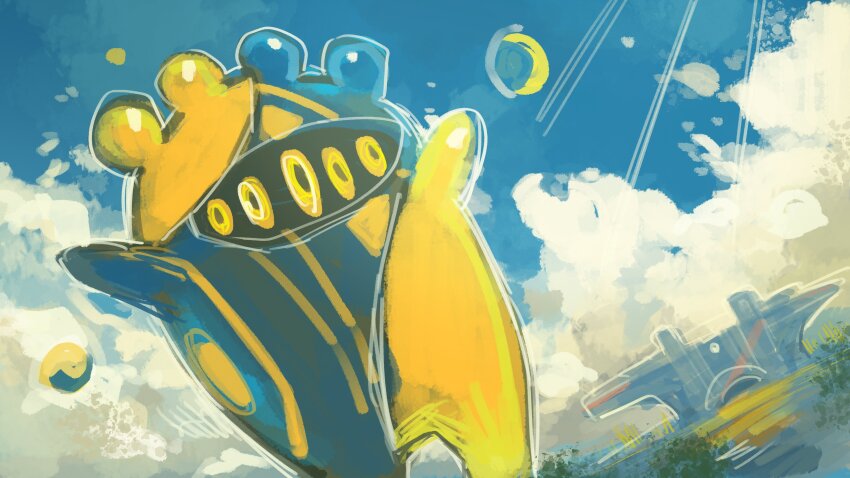 absurdres, arms_up, blue_sky, cloud, commentary_request, dutch_angle, extra_eyes, giant