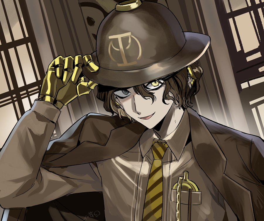 1boy, breast_pocket, brown_hair, brown_jacket, brown_shirt, collared_shirt, grey_eyes, hand_on_headwear