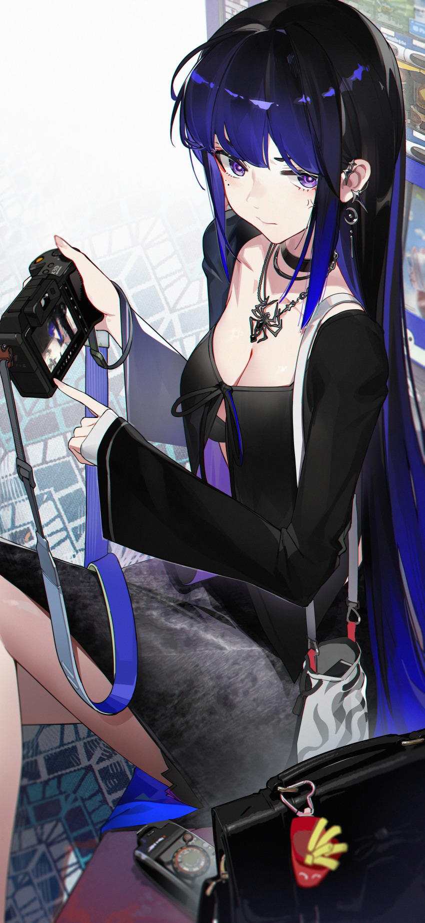 1girl, absurdres, anger_vein, bag, bag_charm, black_bra, black_choker, black_hair