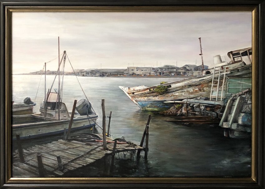 boat, earthquake, highres, horizon, latex_cult, miyagi_prefecture, moss, motor_vehicle