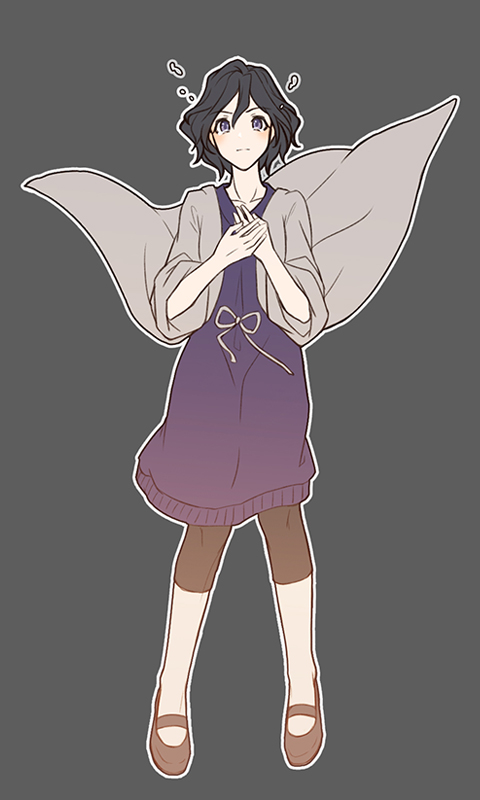 1girl, black_hair, black_leggings, black_shoes, chinese_commentary, closed_mouth, commentary_request, dress, floating_clothes, full_body, grey_background, grey_jacket, hands_on_own_chest, jacket, leggings, mary_janes, nekomiya_nayile, open_clothes, open_jacket, outline, purple_dress, purple_eyes, saibou_shinkyoku, shoes, short_hair, simple_background, solo, sweater, sweater_dress, white_outline, yanagi_nina