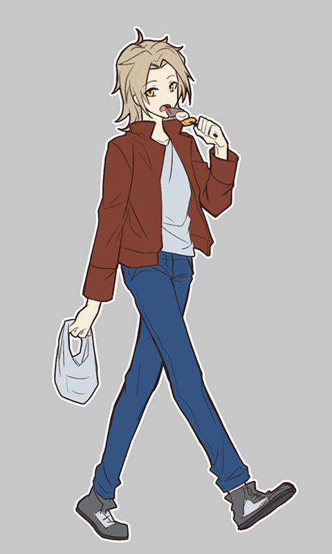 1boy, bag, blue_pants, brown_jacket, chinese_commentary, commentary_request, food, full_body, grey_background, grey_shoes, holding, holding_bag, holding_food, jacket, light_brown_hair, long_sleeves, male_focus, medium_hair, nekomiya_nayile, oden, open_clothes, open_jacket, open_mouth, outline, pants, parted_bangs, plastic_bag, saibou_shinkyoku, shinano_eiji, shirt, shoes, simple_background, solo, walking, white_outline, white_shirt, yellow_eyes
