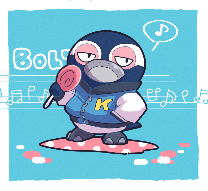 1boy, animal_crossing, blue_background, blush, border, candy, closed_mouth, food