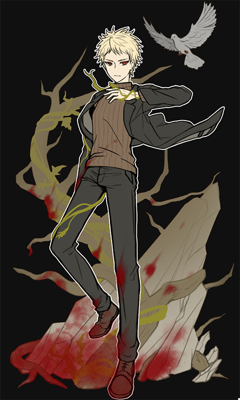 1boy, atou_haruki, bird, black_background, black_jacket, black_pants, blonde_hair, blood