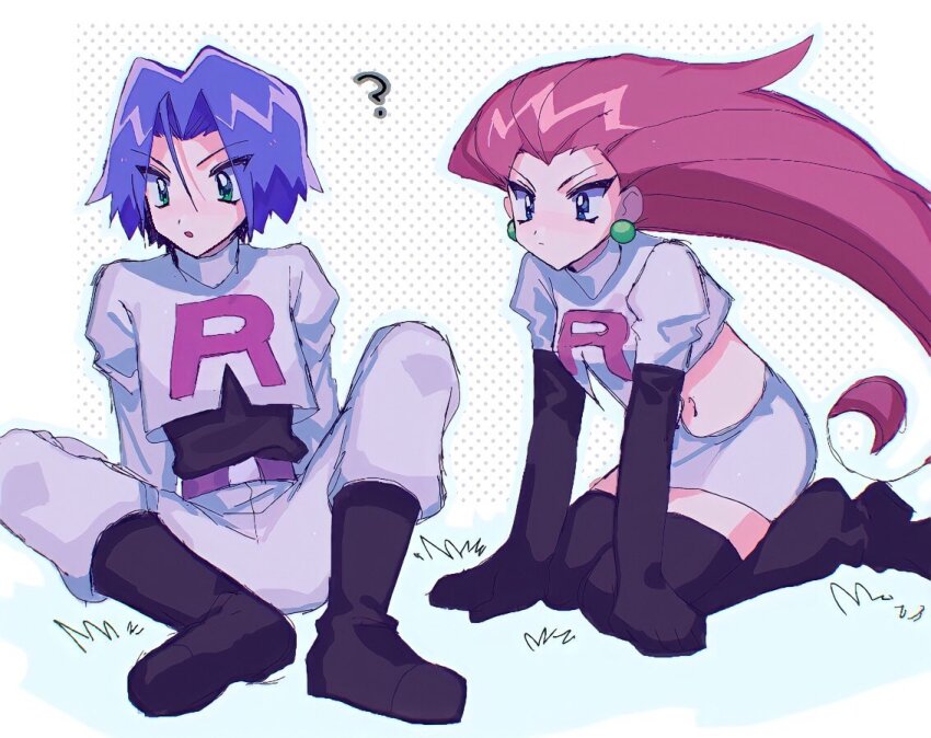 1boy, 1girl, ameya_(okemu_ame), blue_eyes, blue_hair, earrings, grass, green_eyes