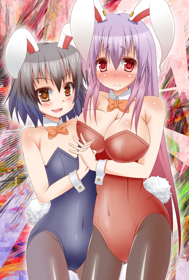 2girls, animal_ears, bare_shoulders, black_hair, blush, bow, bowtie, breasts, brown_eyes, cleavage, embarrassed, female_focus, flat_chest, holding_hands, inaba_tewi, large_breasts, long_hair, megawatt, multiple_girls, open_mouth, pantyhose, playboy_bunny, purple_hair, rabbit_ears, rabbit_girl, rabbit_tail, red_eyes, reisen_udongein_inaba, small_breasts, smile, tail, tears, touhou, very_long_hair, wrist_cuffs, yuri