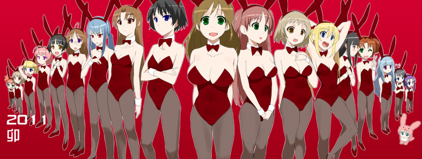 10s, 6+girls, age_difference, amatsuka_asahi, amatsuka_fubuki, amatsuka_haruka, amatsuka_hikaru, amatsuka_hotaru, amatsuka_kosame, amatsuka_mari, amatsuka_miharu, amatsuka_mizore, amatsuka_mizuki, amatsuka_nijiko, amatsuka_rikka, amatsuka_sakura, amatsuka_seika, amatsuka_sora, amatsuka_tsurara, amatsuka_urara, amatsuka_watayuki, amatsuka_yuuna, animal_costume, animal_ears, baby, baby_princess, bare_shoulders, black_eyes, black_hair, blonde_hair, blue_eyes, blue_hair, breasts, brown_eyes, brown_hair, child, cleavage, everyone, fake_animal_ears, female_focus, flat_chest, green_eyes, kusaka_souji, lineup, long_hair, long_image, medium_breasts, multiple_girls, open_mouth, pantyhose, pink_hair, playboy_bunny, purple_hair, rabbit_ears, red_hair, short_hair, siblings, simple_background, sisters, small_breasts, smile, wide_image