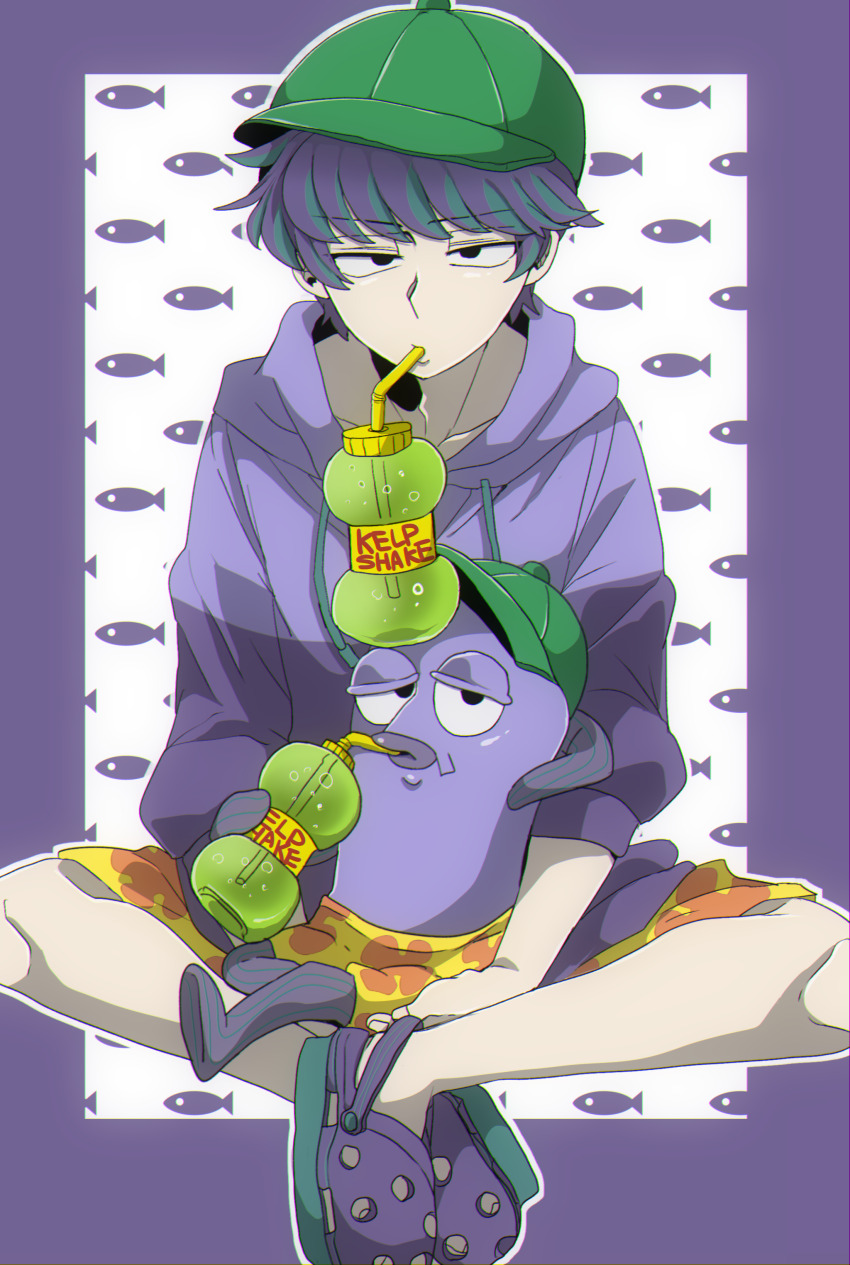 1boy, absurdres, adam's_apple, baseball_cap, black_eyes, chromatic_aberration, collarbone, crocs, drawstring, drinking, drinking_straw, drinking_straw_in_mouth, dual_persona, humanoid_and_humanization, green_hat, half-closed_eyes, hat, highres, hood, hood_down, hoodie, humanization, incidental_37b, looking_at_viewer, male_focus, male_swimwear, personification, purple_footwear, purple_hair, purple_hoodie, segawasa, short_hair, sitting, slushie, spongebob_squarepants_(series), swim_trunks