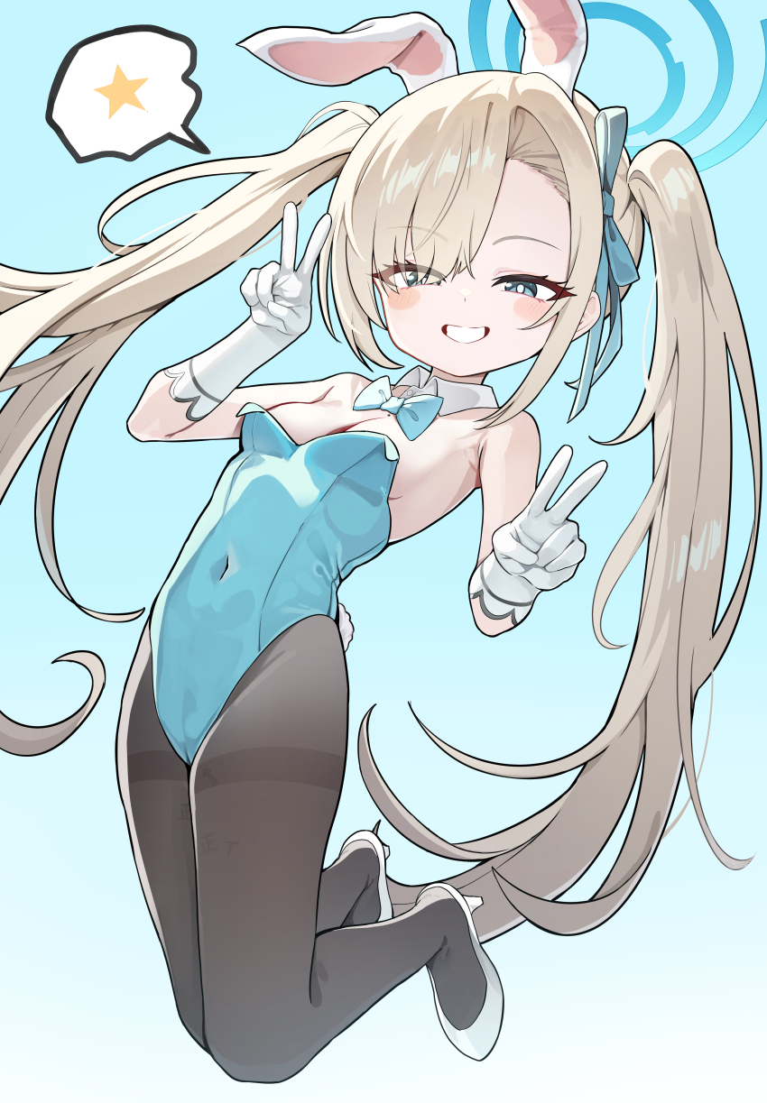 1girl, absurdres, aged_down, alternate_breast_size_(smaller), animal_ears, asuna_(blue_archive), asuna_(bunny)_(blue_archive), black_pantyhose, blue_archive, blue_bow, blue_eyes, blue_halo, blue_leotard, blue_ribbon, blush, bow, breasts, cameltoe, cleavage, detached_collar, double_v, fake_animal_ears, full_body, gloves, grin, gro_(lee145879), hair_over_one_eye, hair_ribbon, halo, high_heels, highres, leotard, light_brown_hair, loli, long_hair, looking_at_viewer, mole, mole_on_breast, official_alternate_costume, pantyhose, rabbit_ears, ribbon, small_breasts, smile, solo, spoken_star, star_(symbol), strapless, strapless_leotard, v, white_footwear, white_gloves