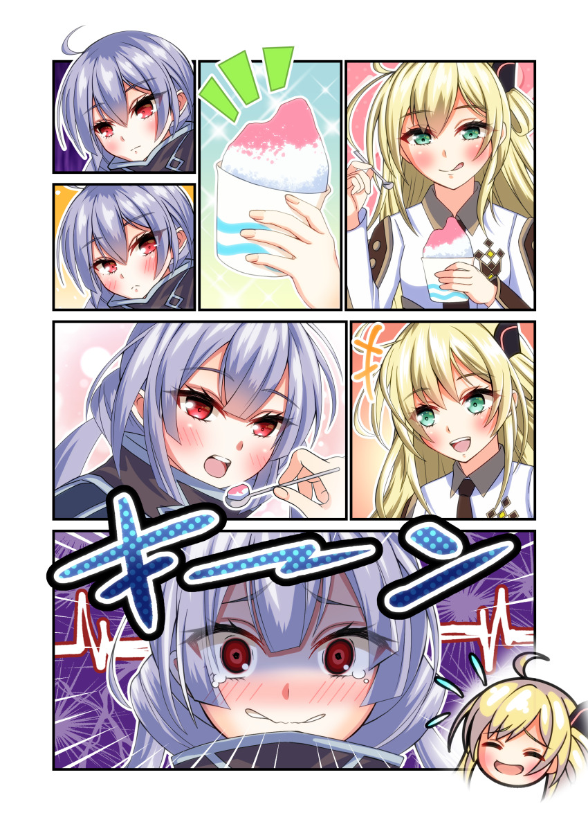 2girls, absurdres, ahoge, blonde_hair, blush, cup, duel_monster, food, green_eyes, grey_hair, highres, holding, juubun_maeda, long_hair, multiple_girls, necktie, open_mouth, red_eyes, shaved_ice, sky_striker_ace_-_raye, sky_striker_ace_-_roze, smile, spoon, twintails, yu-gi-oh!