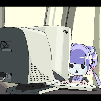 1girl, animal_ear_hairband, animal_ears, at_computer, blunt_bangs, bow, bowtie, cat_ear_hairband