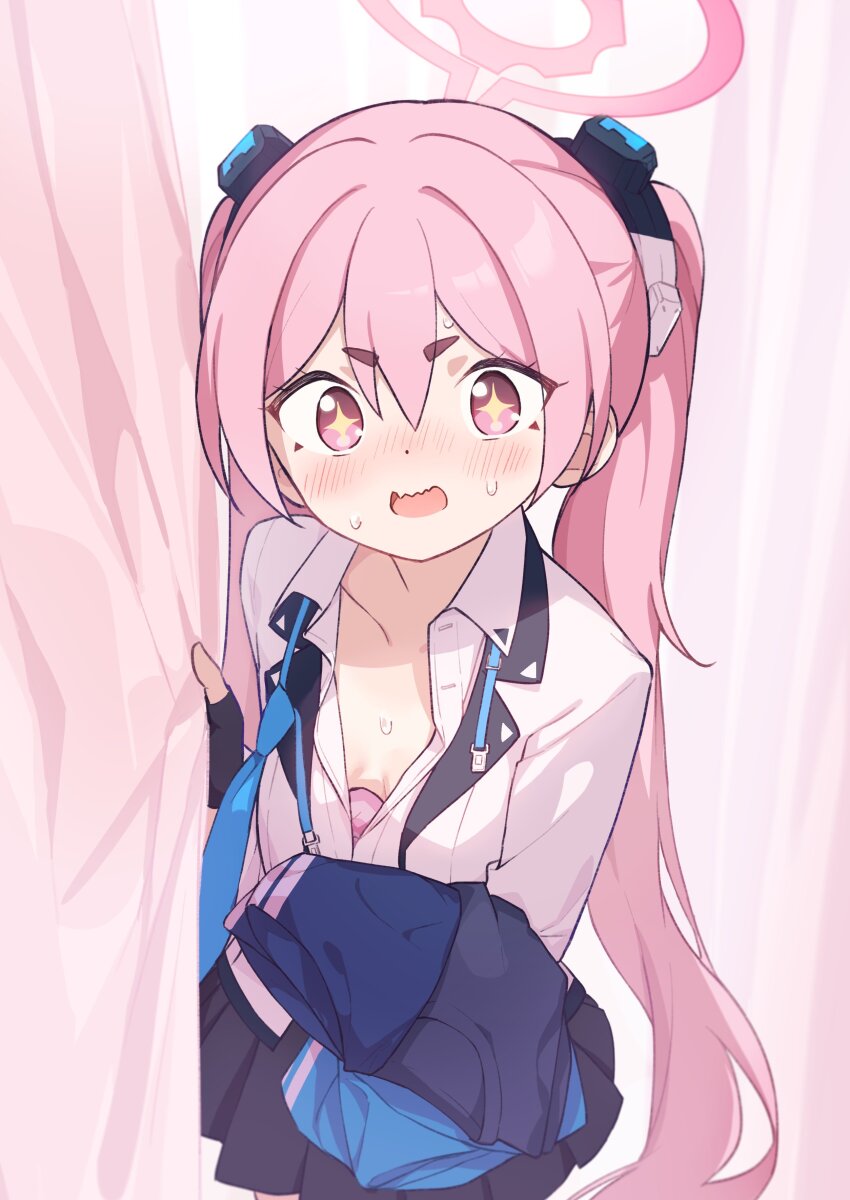 1girl, absurdres, black_gloves, black_skirt, blue_archive, blush, bra, breasts