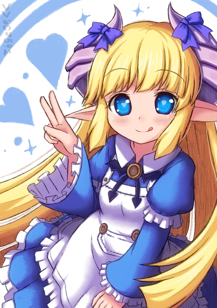 1girl, :q, alice_(monster_girl_encyclopedia), apron, blonde_hair, blue_dress, blue_eyes, bow