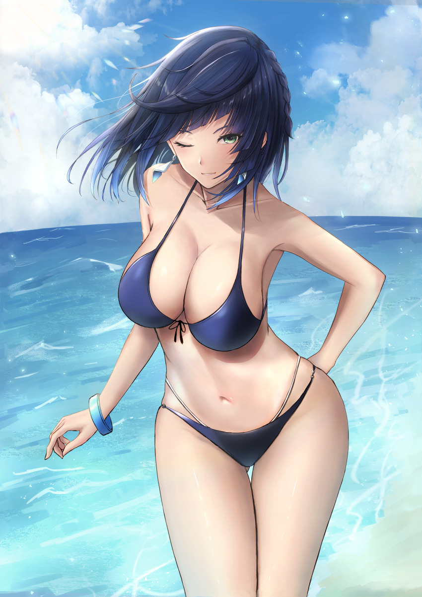 1girl, absurdres, arm_behind_back, artistic_error, asao_(asaomm12345), bikini, black_bikini, black_hair, blue_hair, blue_sky, bracelet, braid, breasts, cleavage, cloud, cloudy_sky, collarbone, cowboy_shot, day, earrings, genshin_impact, green_eyes, grin, highres, jewelry, large_breasts, looking_at_viewer, multicolored_hair, navel, no_mole, ocean, one_eye_closed, outdoors, short_hair, single_braid, sky, smile, solo, stomach, swimsuit, two-tone_hair, water, yelan_(genshin_impact)