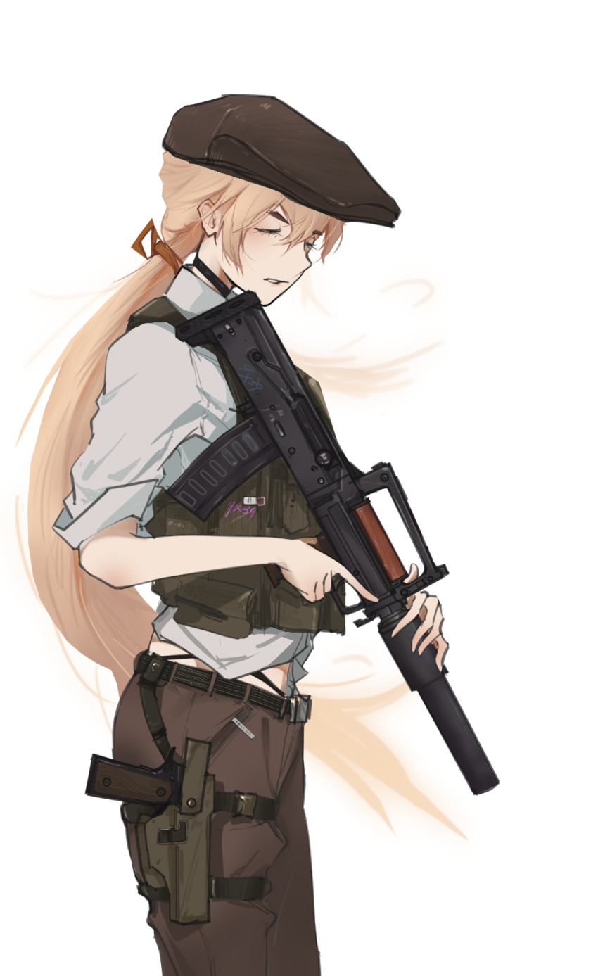 1girl, ajin_(sakurai_gamon), black_choker, black_panties, blonde_hair, brown_pants, bulletproof_vest, chinese_commentary