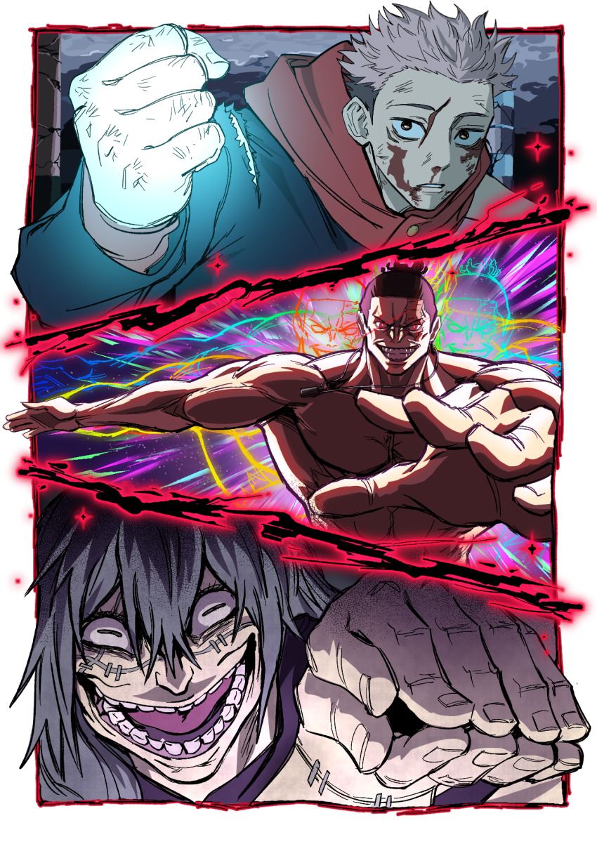 3boys, bara, battle, black_flash_(jujutsu_kaisen), black_hair, blood, clenched_hand, creepy_eyes