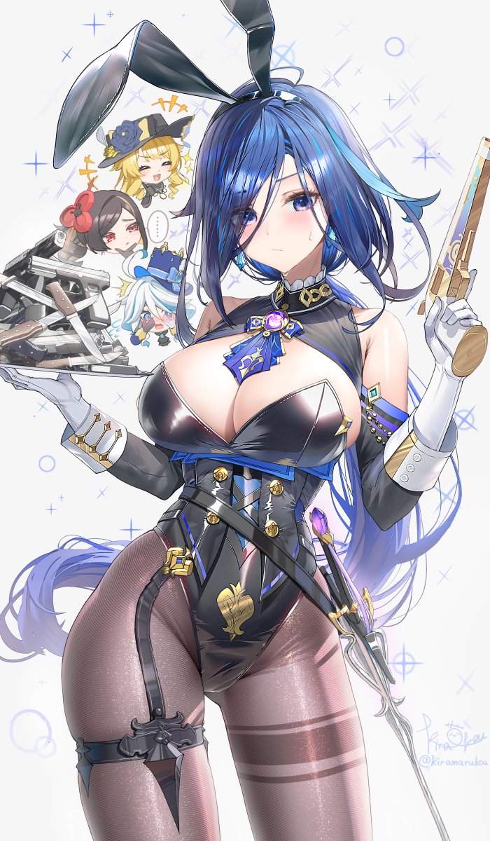 4girls, alternate_costume, animal_ears, bare_shoulders, black_hairband, black_leotard, blue_hair, breasts