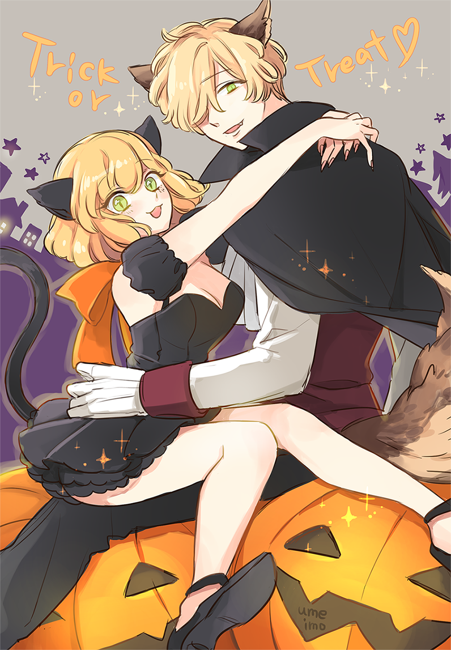 1boy, 1girl, animal_ears, arms_around_neck, axis_powers_hetalia, belgium_(hetalia), black_cape, black_dress