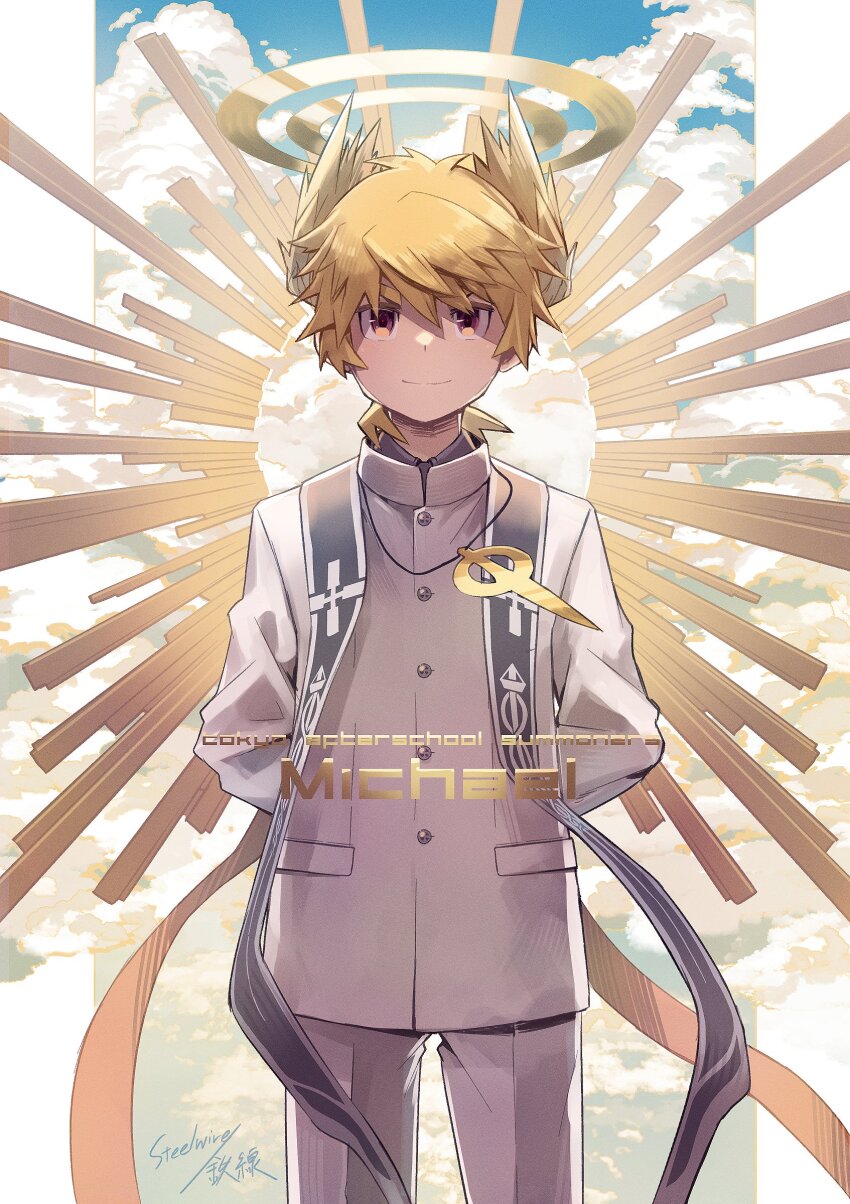 1boy, absurdres, arms_behind_back, blonde_hair, border, buttons, character_name, closed_mouth, cloud, commentary_request, copyright_name, cowboy_shot, double_halo, english_text, halo, head_wings, highres, jacket, jewelry, looking_at_viewer, male_focus, michael_(housamo), necklace, pants, pillarboxed, school_uniform, short_hair, signature, smile, solo, steelwire, stole, thick_eyebrows, tokyo_houkago_summoners, white_border, white_jacket, white_pants, wings, yellow_eyes