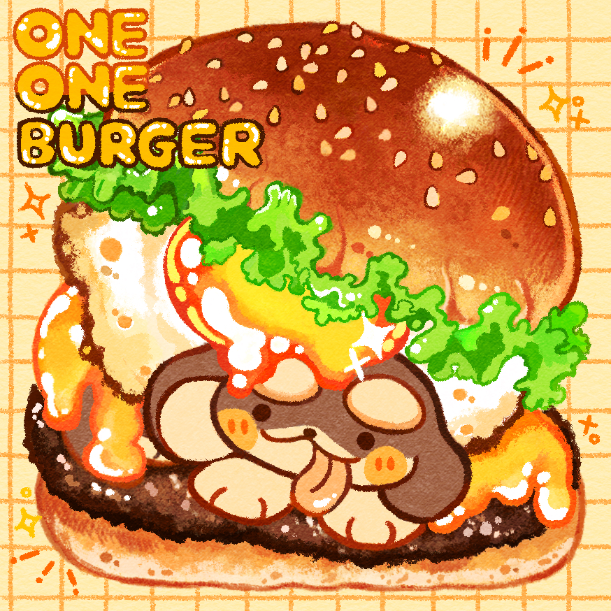 blush_stickers, burger, cheese, commentary, dachshund, dog, egg, english_text