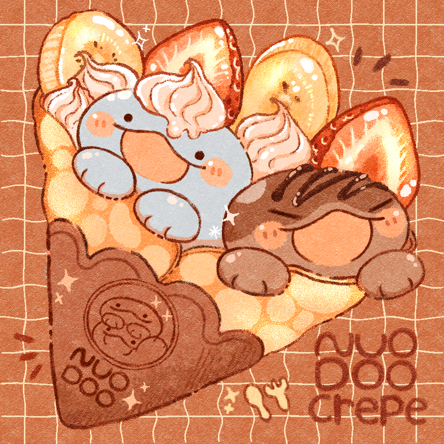 banana, banana_slice, blush_stickers, clodsire, commentary_request, crepe, english_text, food, food_focus, fruit, gen_2_pokemon, gorugon01, grid, grid_background, happy, nintendo, no_humans, open_mouth, pokemon, pokemon_(creature), quagsire, smile, sparkle, strawberry, whipped_cream