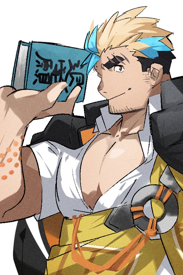 1boy, ai_manato, aqua_hair, bara, black_hair, black_jacket, blonde_hair, book