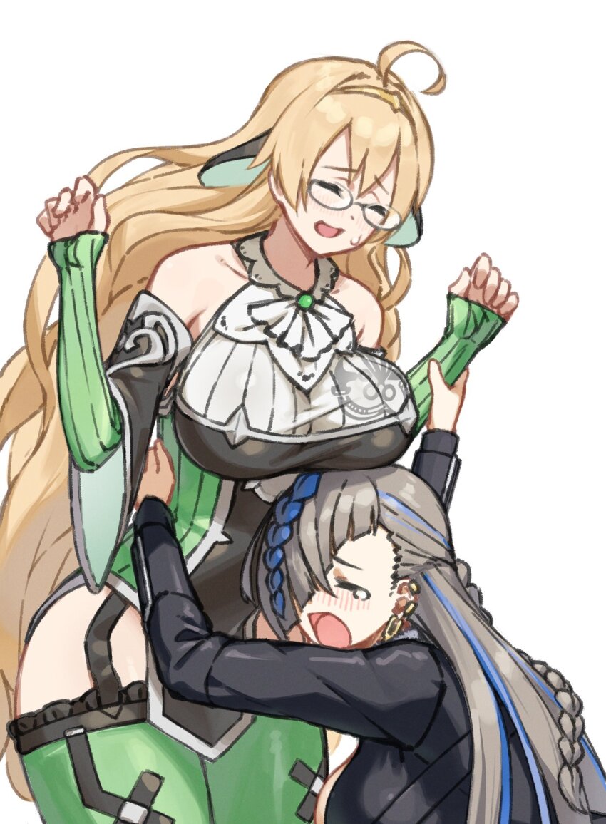 2girls, ahoge, allen.n, bare_shoulders, black_jacket, black_shirt, blonde_hair, blue_hair