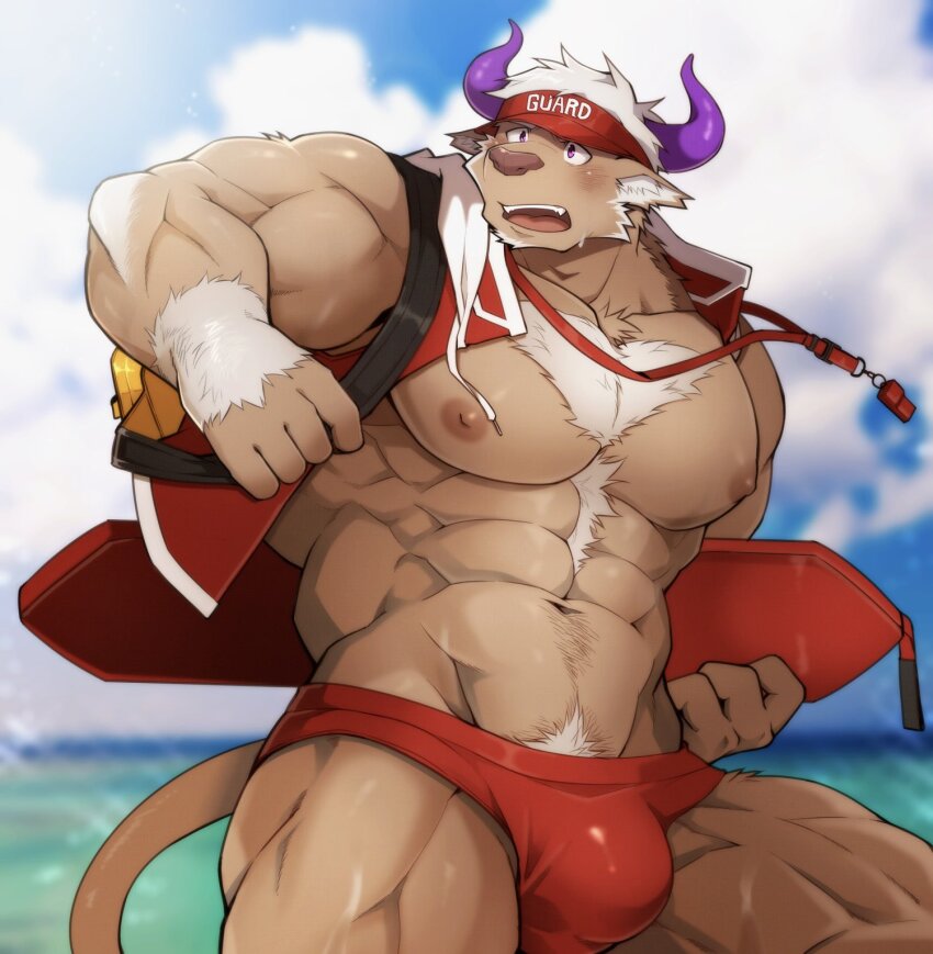 1boy, abs, animal_ears, bara, bare_pectorals, blurry, blurry_background, blush