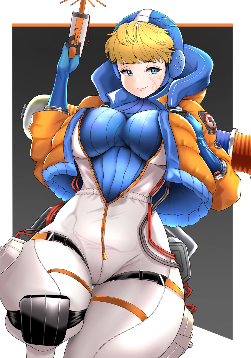 1girl, absurdres, animification, apex_legends, blue_bodysuit, bodysuit, breasts, cable, energy_reader_(apex_legends), facial_scar, highres, holding, hood, hood_down, hood_up, hooded_bodysuit, hooded_jacket, impossible_bodysuit, impossible_clothes, jacket, k-boss, large_breasts, lightning_bolt_symbol, orange_jacket, ribbed_bodysuit, scar, scar_on_cheek, scar_on_face, smile, solo, thigh_strap, wattson_(apex_legends), white_bodysuit, wide_hips