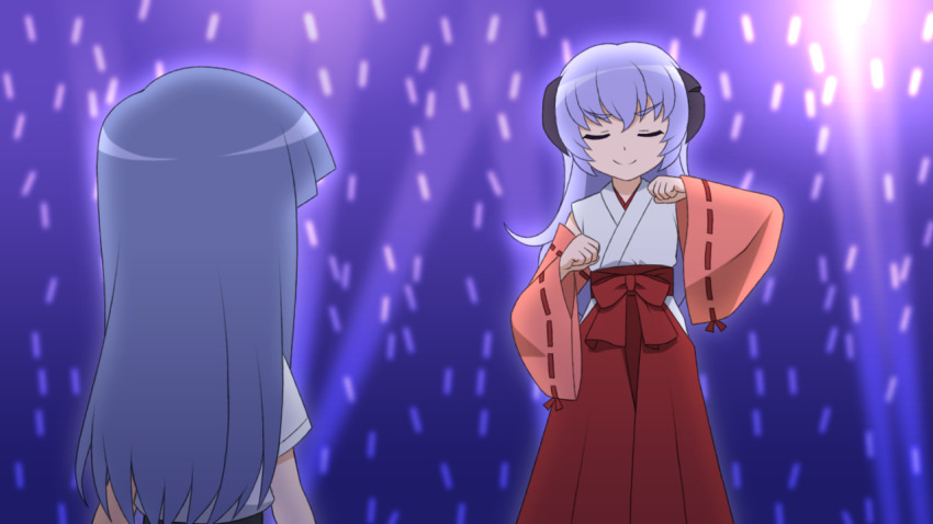2girls, blue_hair, bow, closed_eyes, closed_mouth, clothing_cutout, commentary_request, detached_sleeves