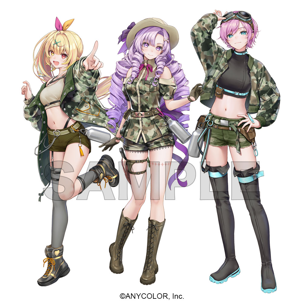 3girls, :d, arm_up, bare_shoulders, belt, belt_buckle, black_footwear, black_gloves