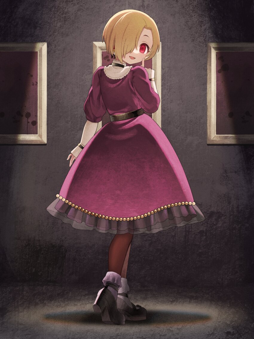 1girl, absurdres, blonde_hair, bobby_socks, commission, dokodemonai, dress, full_body