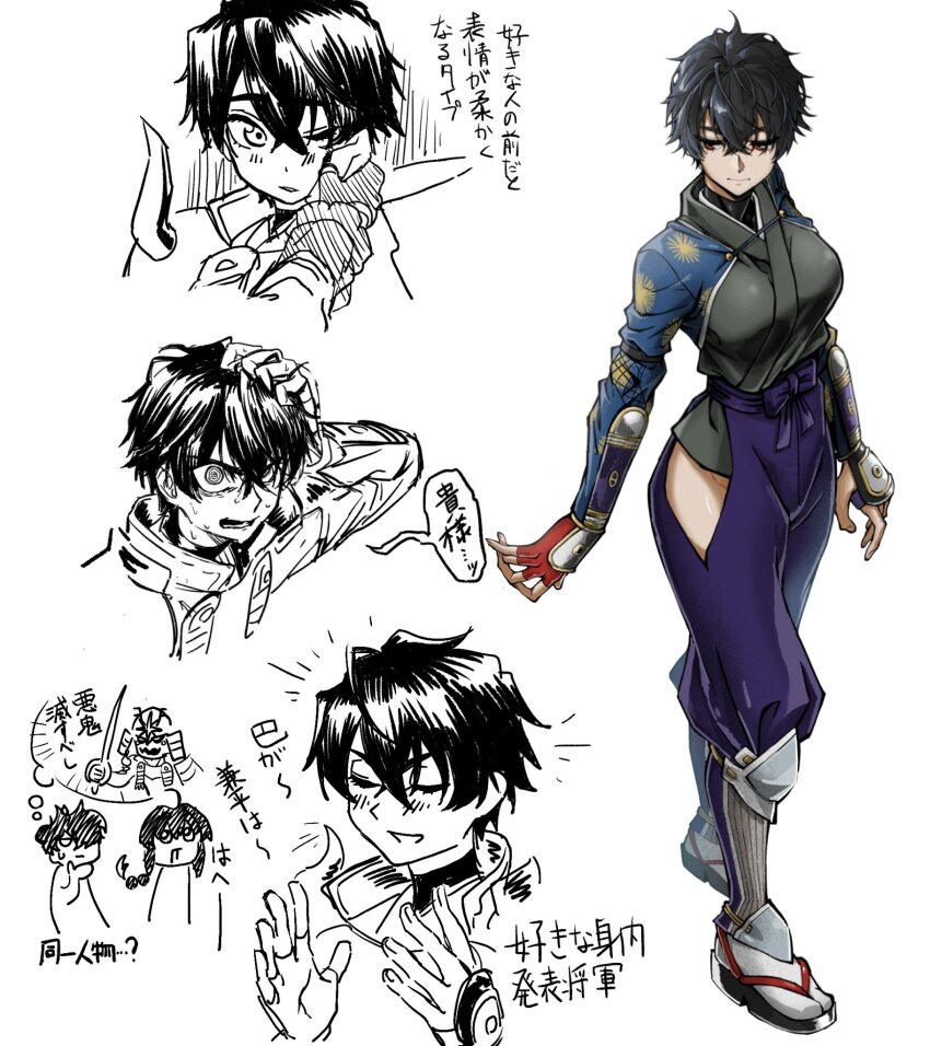 1boy, 1girl, 1other, akaoni_(tontinkan800), arm_guards, bare_hips, black_hair, black_kimono, blush, breasts, chibi, chibi_inset, clothing_cutout, fate/samurai_remnant, fate_(series), fingerless_gloves, full_body, genderswap, genderswap_(mtf), geta, gloves, hakama, highres, hip_vent, igote, japanese_clothes, kimono, large_breasts, looking_down, miyamoto_iori_(fate), multiple_views, purple_hakama, red_eyes, rogue_saber_(fate/samurai_remnant), shin_guards, short_hair, simple_background, single_fingerless_glove, spoilers, sweat, tabi, turtleneck, white_background, yamato_takeru_(fate)