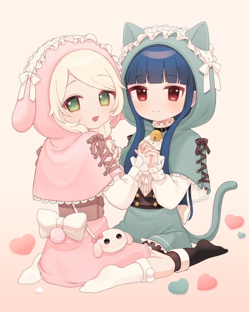2girls, absurdres, animal_hood, bell, black_thighhighs, blonde_hair, blue_hair, blush