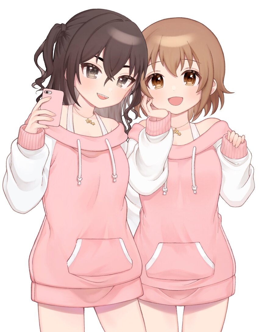 2girls, absurdres, black_hair, blush, brown_eyes, brown_hair, cellphone, commission
