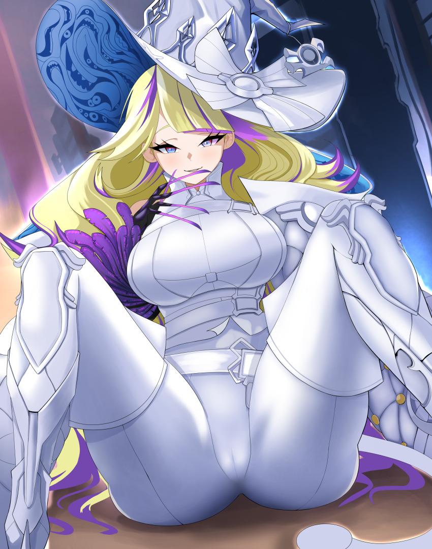 absurdres, black_gloves, blue_eyes, bodysuit, boots, breasts, cameltoe, diabellze_the_original_sinkeeper, duel_monster, fingernails, gloves, hat, highres, k-boss, korean_commentary, large_breasts, long_fingernails, long_hair, looking_at_viewer, m_legs, multicolored_hair, sitting, smile, spread_legs, streaked_hair, very_long_hair, white_bodysuit, white_boots, white_hat, witch_hat, yu-gi-oh!