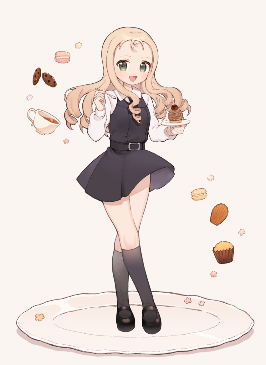 1girl, absurdres, blonde_hair, blush, commission, cookie, crossed_legs, cup, cupcake, dokodemonai, dress, food, full_body, girls_und_panzer, green_eyes, highres, holding, holding_plate, long_hair, looking_at_viewer, macaron, marie_(girls_und_panzer), open_mouth, plate, skeb_commission, smile, solo, teacup, watson_cross