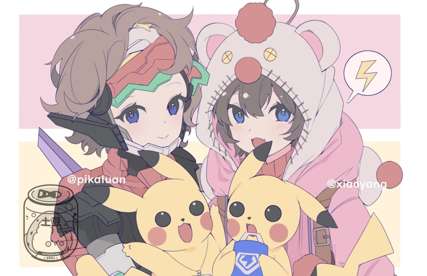 2girls, aimnoob1120, animification, apex_legends, armor, black_hair, blue_eyes, blush, brown_hair, chinese_commentary, cosplay, crossover, fang, final_fantasy, final_fantasy_vii, final_fantasy_vii_rebirth, final_fantasy_vii_remake, galactic_guardian_horizon, gen_1_pokemon, highres, holding, hood, hood_down, hooded_jacket, horizon_(apex_legends), jacket, kupo_power_wattson, looking_at_viewer, moogle, moogle_(cosplay), multiple_girls, nintendo, official_alternate_costume, open_mouth, pikachu, pink_jacket, pokemon, pokemon_(creature), portrait, power_armor, red_sweater, ribbed_sweater, short_hair, skin_fang, smile, speech_bubble, spoken_lightning_bolt, sweater, turtleneck, turtleneck_sweater, wattson_(apex_legends)