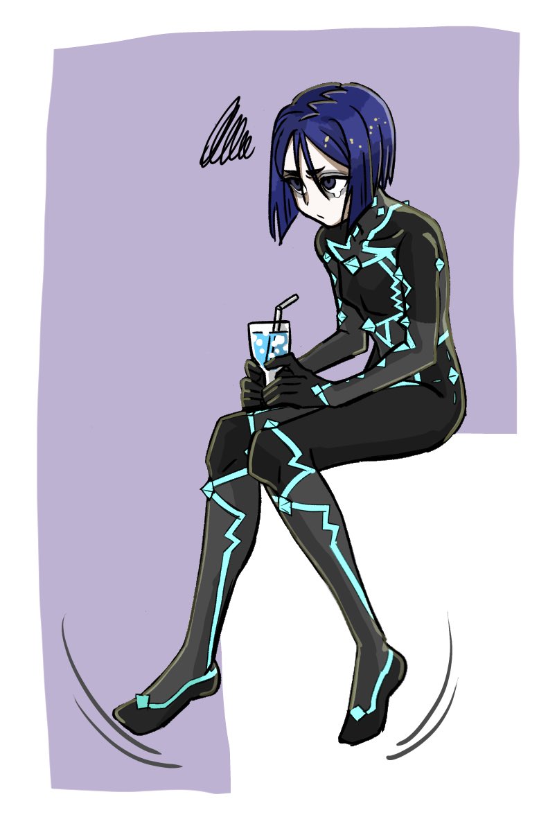 1girl, akaoni_(tontinkan800), bags_under_eyes, black_bodysuit, bodysuit, breasts, drink, drinking_straw, fate/grand_order, fate/samurai_remnant, fate_(series), holding, holding_drink, neon_trim, purple_eyes, purple_hair, sad, short_hair, simple_background, sitting, small_breasts, solo, swinging_legs, tearing_up, ushi_gozen_(fate), ushi_gozen_(rider)_(fate)