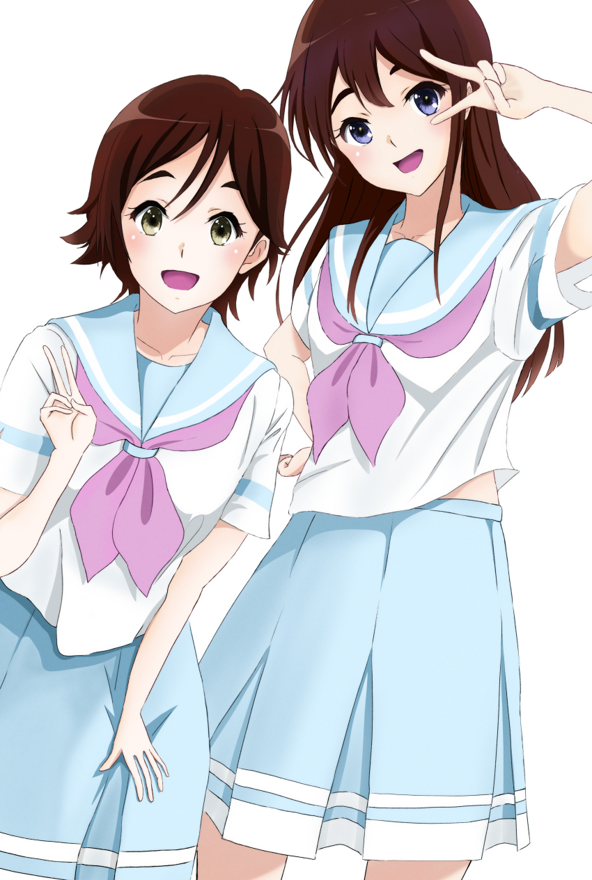 2girls, absurdres, blue_eyes, brown_hair, green_eyes, hand_on_own_leg, happy, hibike!_euphonium