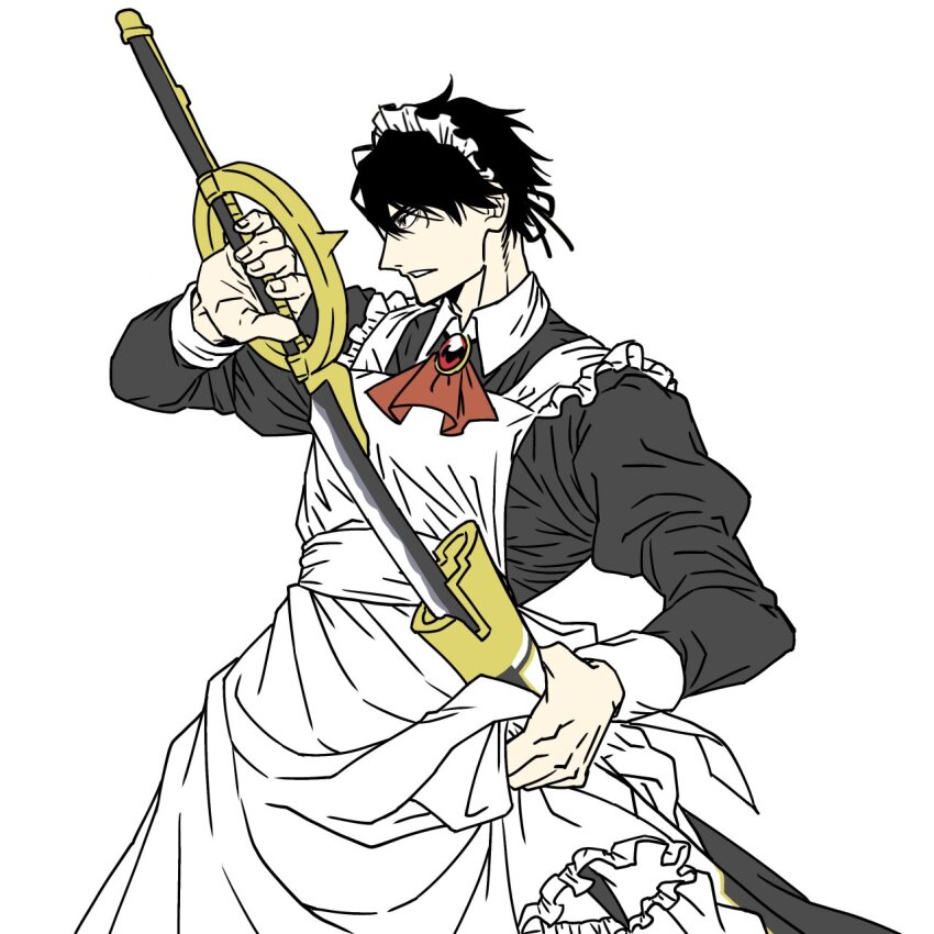 1boy, akaoni_(tontinkan800), alternate_costume, apron, ascot, black_dress, black_hair, brooch